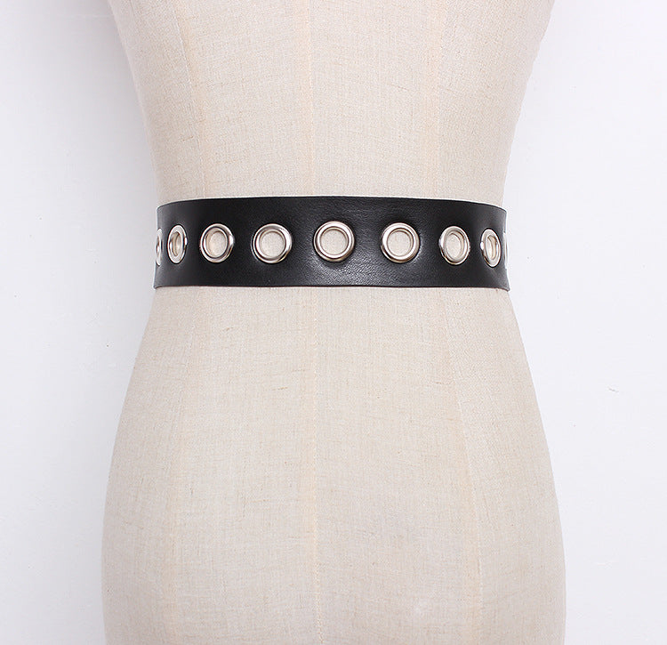 Versatile Ring Extra Long Belt Female Black Wide Metal Eyelet Female Belt Decorated Dress Trousers