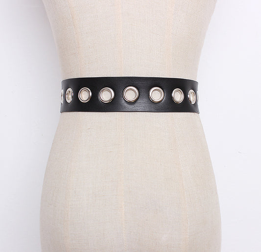 Versatile Ring Extra Long Belt Female Black Wide Metal Eyelet Female Belt Decorated Dress Trousers