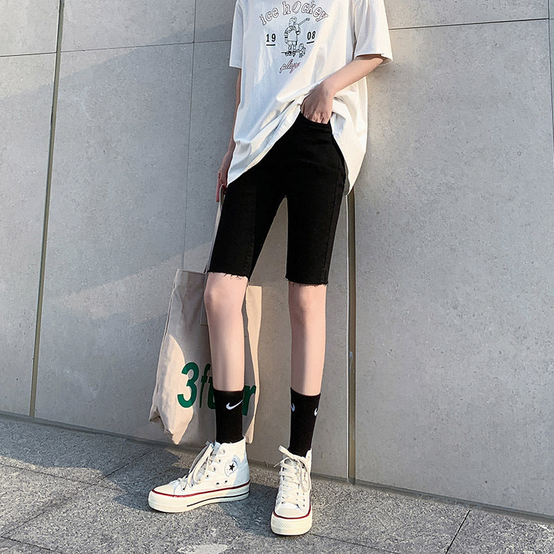 Women's High Waist Slim Senim Five-point Shorts