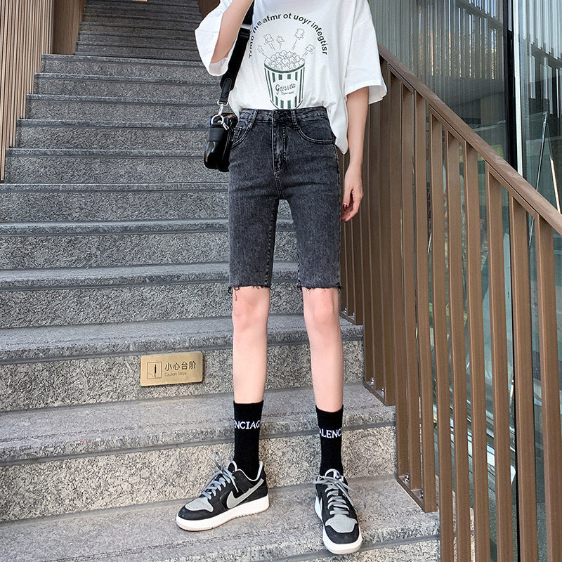 Women's High Waist Slim Senim Five-point Shorts
