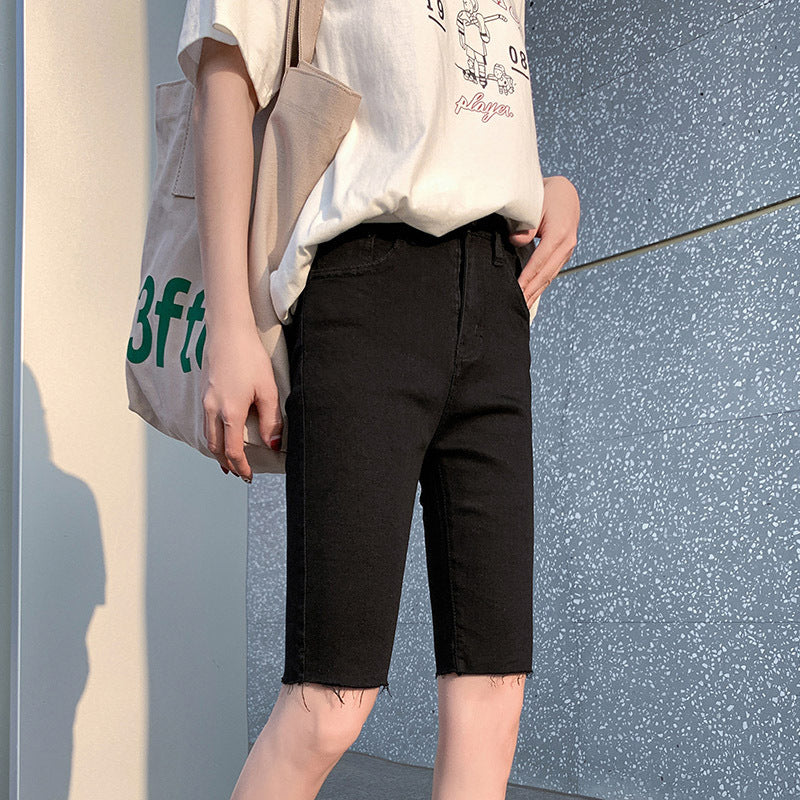 Women's High Waist Slim Senim Five-point Shorts