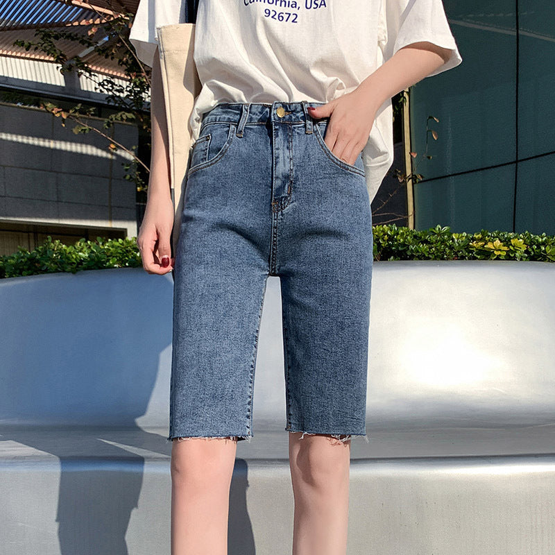 Women's High Waist Slim Senim Five-point Shorts
