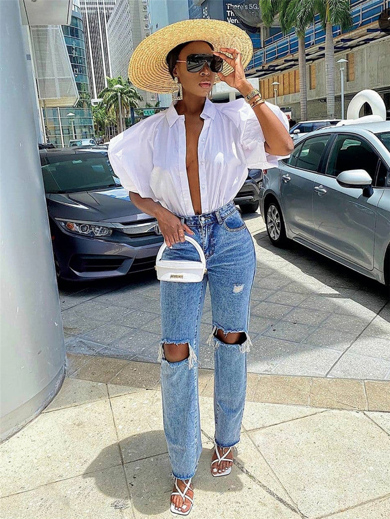 Loose Slim High-rise Ripped Straight-leg Jeans