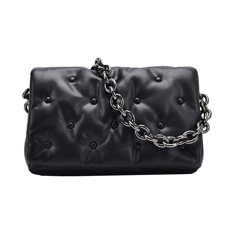 Black Quilted Thick Chain One Shoulder Messenger Square Bag