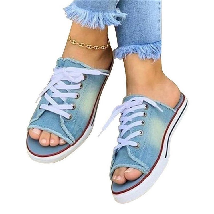 Fish Mouth Denim Canvas Lace Up Casual Sandals And Slippers