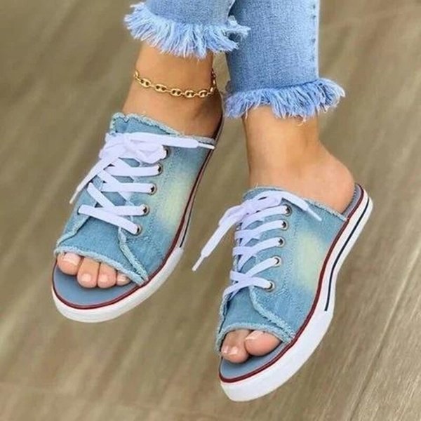 Fish Mouth Denim Canvas Lace Up Casual Sandals And Slippers