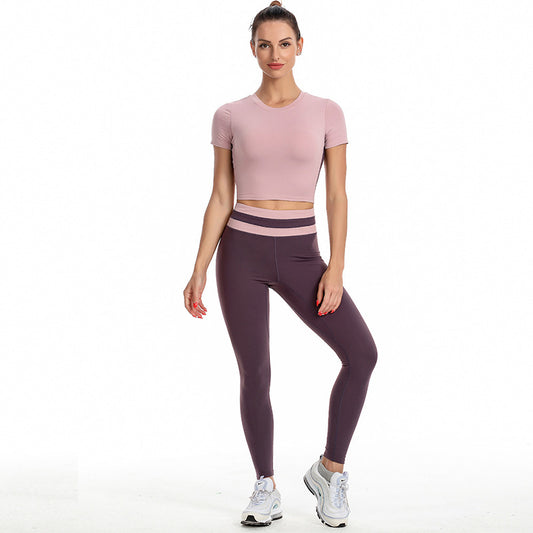 Nyt yogasæt Træningsdragt Dame Kortærmet sports T-shirt Dame shorts med brystpude