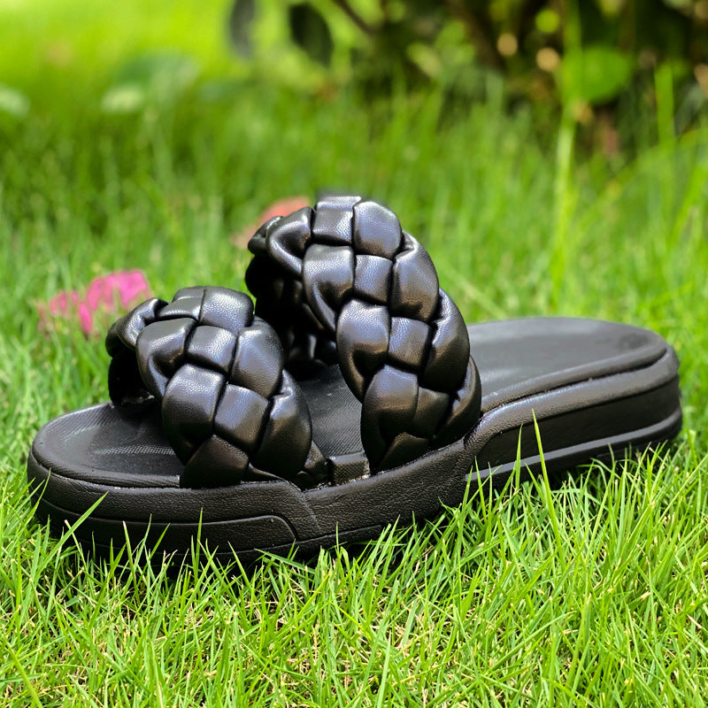 Sandals Women'S Large Size Fashion Woven Slippers One-Word Drag