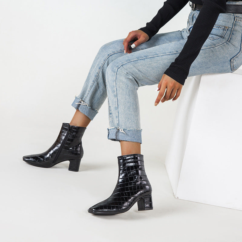 And Winter New Foreign Trade Europe And America High-Heeled Plaid Short Tube Thick Heel Square Toe Martin Boots