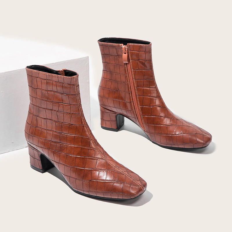 And Winter New Foreign Trade Europe And America High-Heeled Plaid Short Tube Thick Heel Square Toe Martin Boots