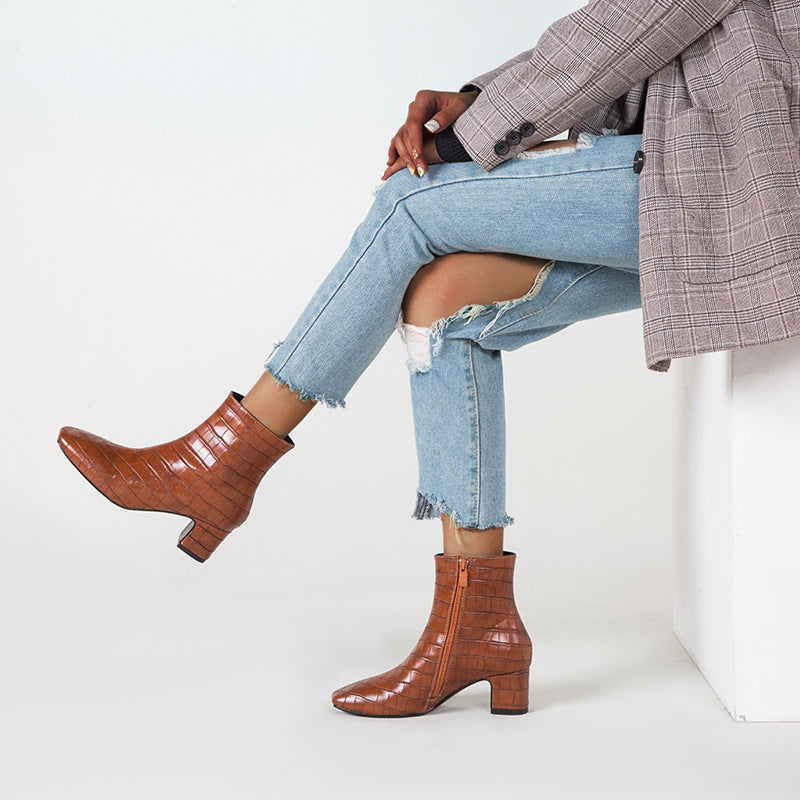 And Winter New Foreign Trade Europe And America High-Heeled Plaid Short Tube Thick Heel Square Toe Martin Boots