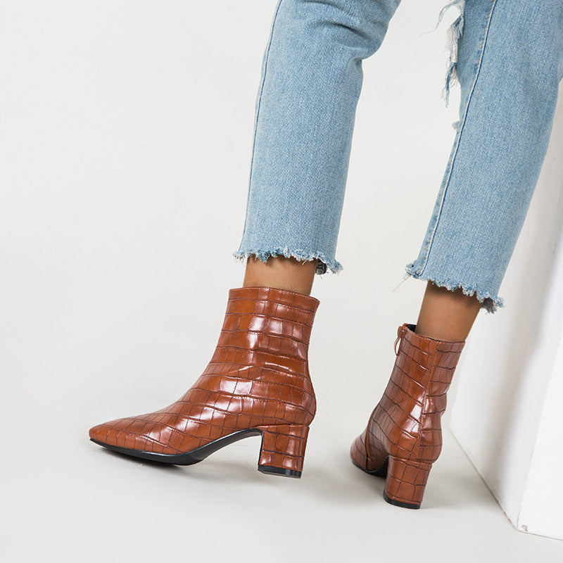 And Winter New Foreign Trade Europe And America High-Heeled Plaid Short Tube Thick Heel Square Toe Martin Boots