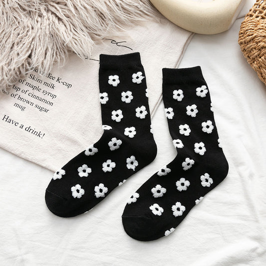 New Products Socks Cotton Japanese Three-Dimensional Small Flowers Ladies Medium Tube Personality Fashion