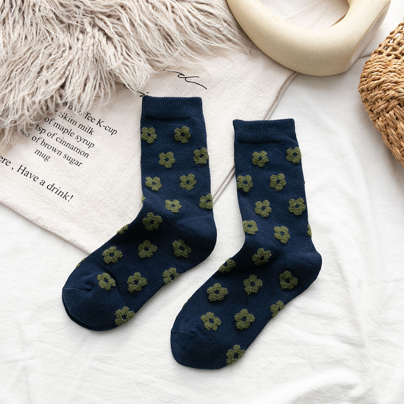 New Products Socks Cotton Japanese Three-Dimensional Small Flowers Ladies Medium Tube Personality Fashion