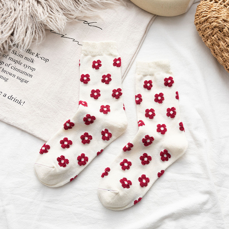 New Products Socks Cotton Japanese Three-Dimensional Small Flowers Ladies Medium Tube Personality Fashion