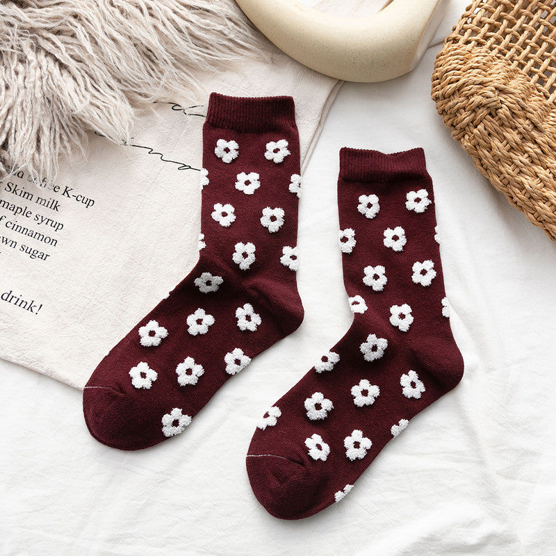 New Products Socks Cotton Japanese Three-Dimensional Small Flowers Ladies Medium Tube Personality Fashion
