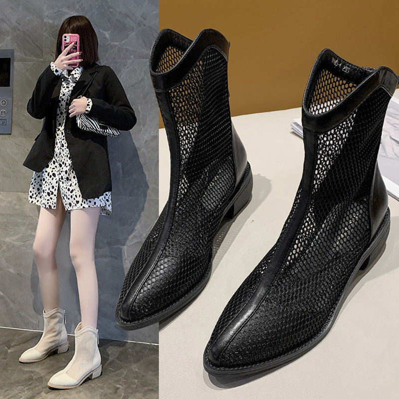 New Thin Ankle Boots With Thick Heel And High Heel Hollow Mesh