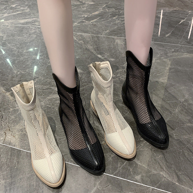 New Thin Ankle Boots With Thick Heel And High Heel Hollow Mesh