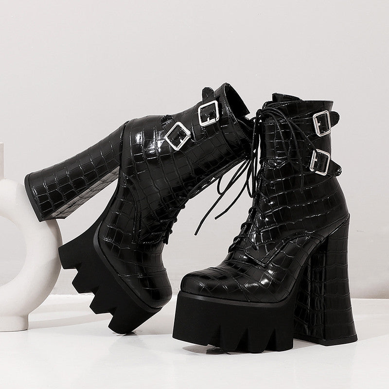 High Heel Thick Heel Platform Belt Buckle Lace-up Women's Boots