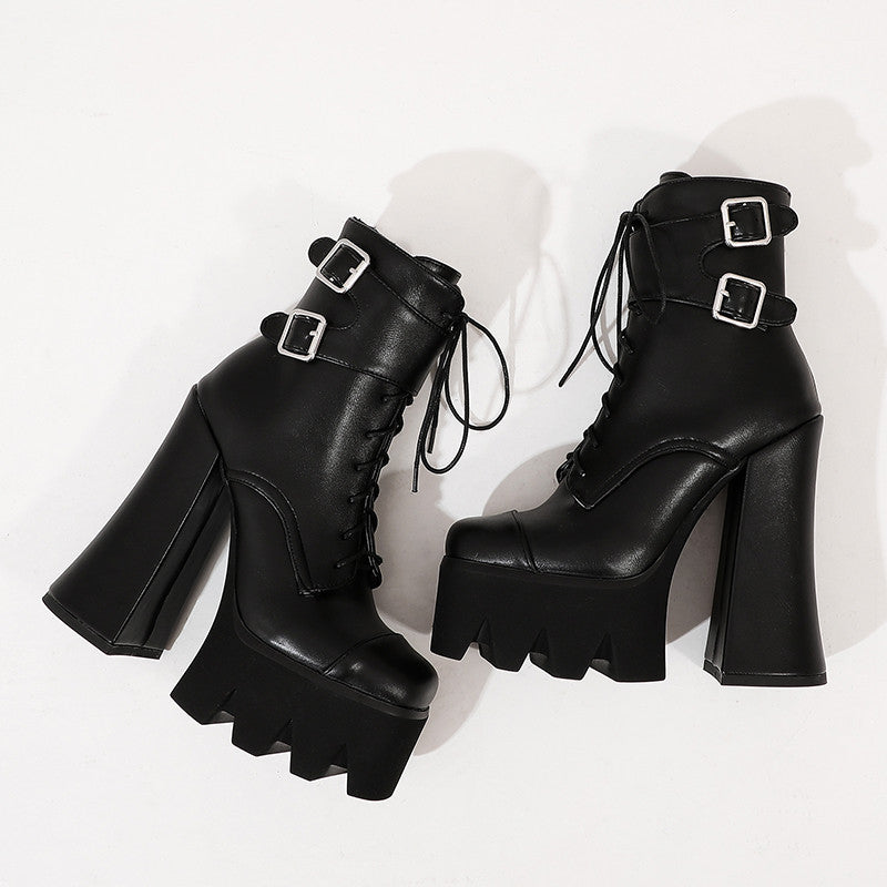 High Heel Thick Heel Platform Belt Buckle Lace-up Women's Boots