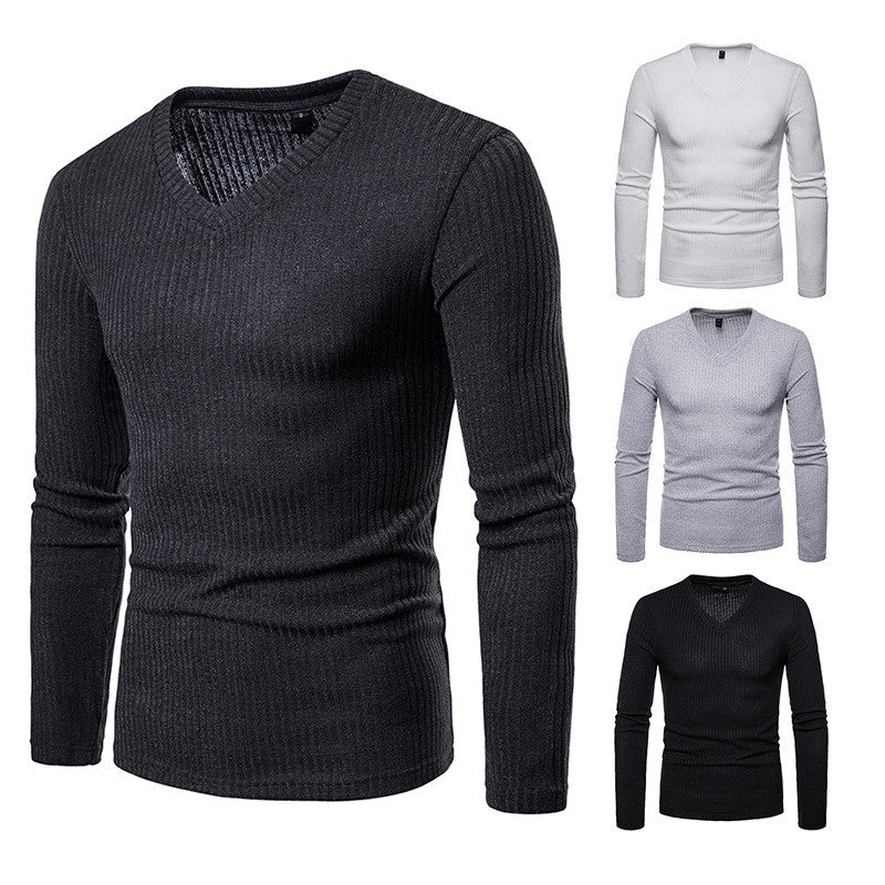 New Men's Slim Plus Size V Neck Solid Color Base Shirt