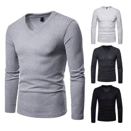 New Men's Slim Plus Size V Neck Solid Color Base Shirt