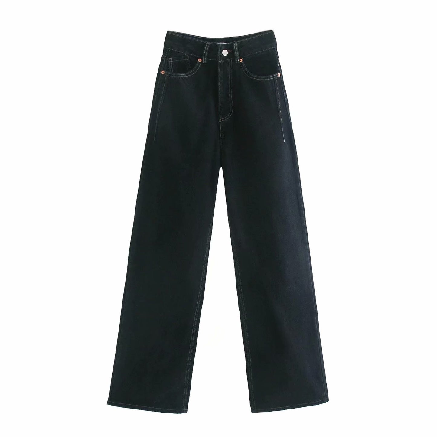 High Waist Slim Wide Leg Straight Denim Trousers