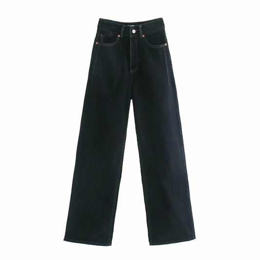 High Waist Slim Wide Leg Straight Denim Trousers