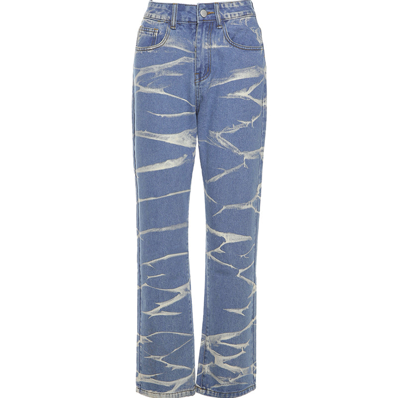 Wave Pattern Jeans Women's High-waisted Straight-leg Slimming Printed Washed Retro Casual Trouser
