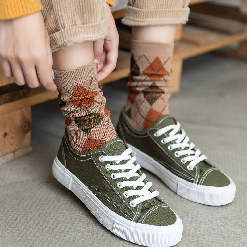 High-Quality Japanese Women's Socks, Rhombic Line, College Style