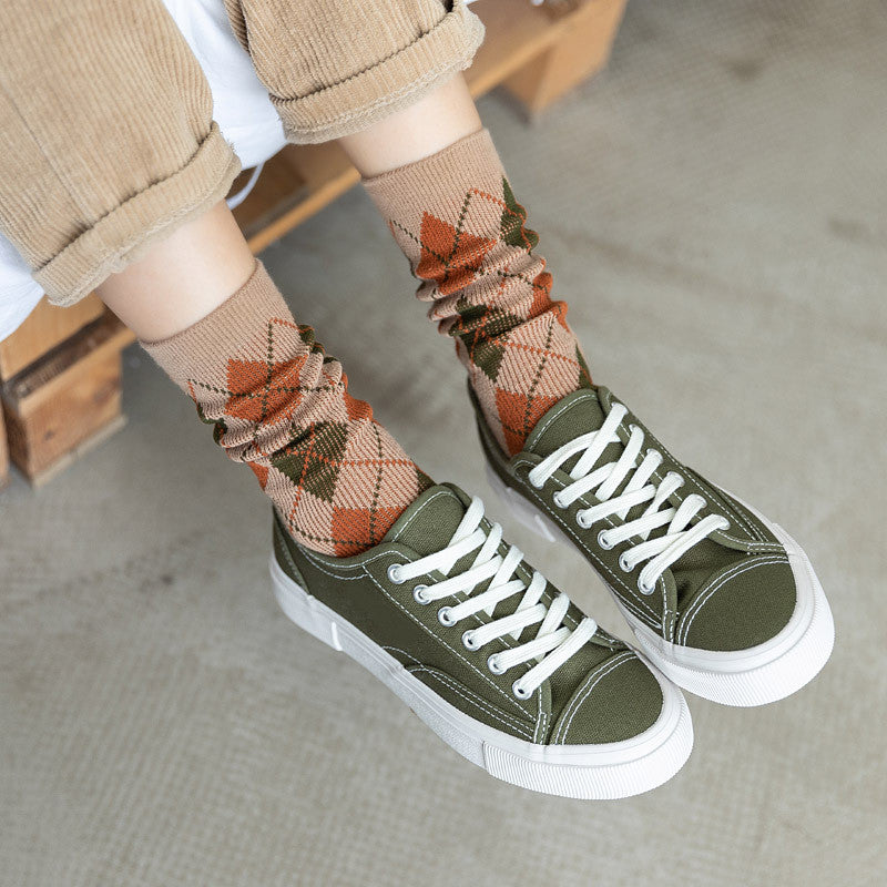 High-Quality Japanese Women's Socks, Rhombic Line, College Style