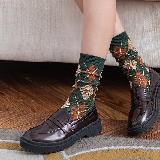 High-Quality Japanese Women's Socks, Rhombic Line, College Style