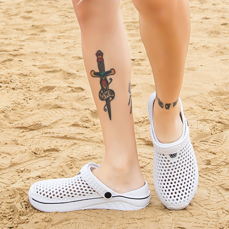 Summer Wading Shoes Lovers Breathable Semi-Support Baotou Hole Shoes Beach Shoes White Slippers