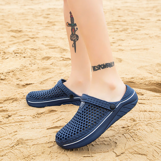 Summer Wading Shoes Lovers Breathable Semi-Support Baotou Hole Shoes Beach Shoes White Slippers