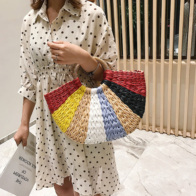 Thai Straw Bag Woven Handbag Vegetable Basket Bag Colorful Beach Seaside Travel Woven Handbag