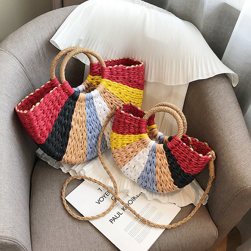 Thai Straw Bag Woven Handbag Vegetable Basket Bag Colorful Beach Seaside Travel Woven Handbag