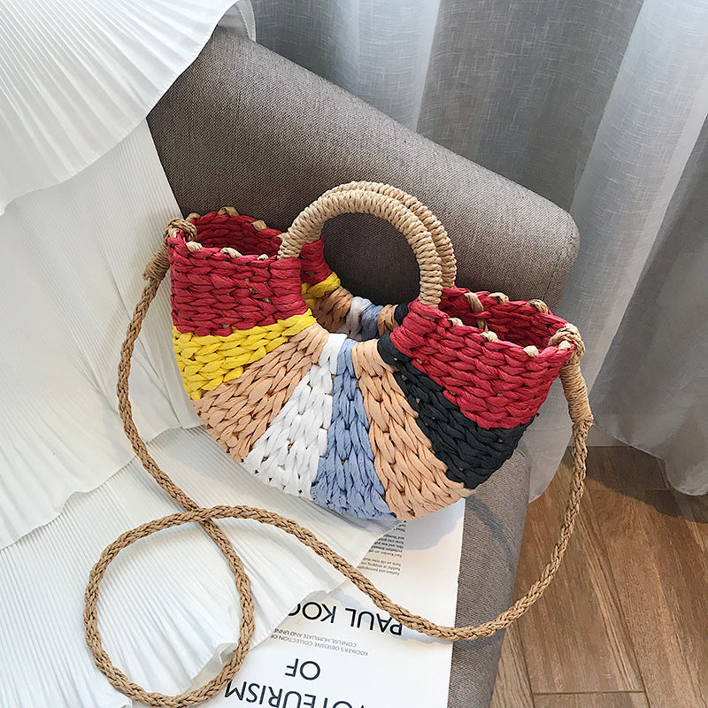 Thai Straw Bag Woven Handbag Vegetable Basket Bag Colorful Beach Seaside Travel Woven Handbag