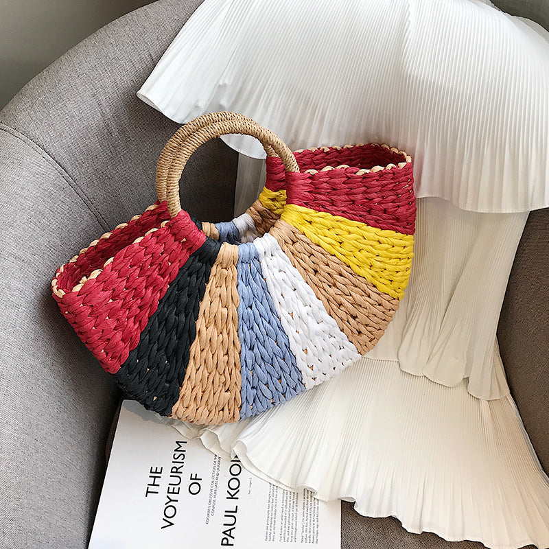 Thai Straw Bag Woven Handbag Vegetable Basket Bag Colorful Beach Seaside Travel Woven Handbag