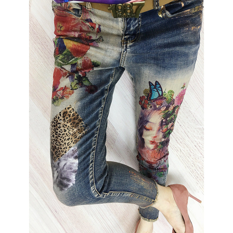 Real Shot European And American Fashion Heavy Industry Printed Elastic Nine-Point Women'S Jeans