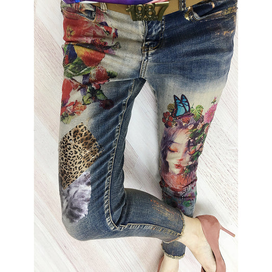 Real Shot European And American Fashion Heavy Industry Printed Elastic Nine-Point Women'S Jeans