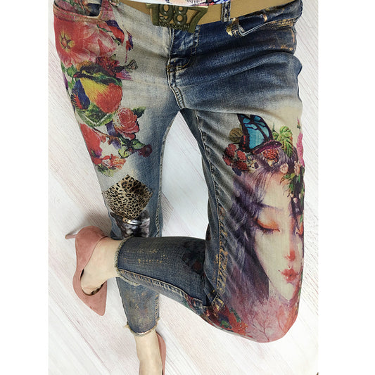 Real Shot European And American Fashion Heavy Industry Printed Elastic Nine-Point Women'S Jeans