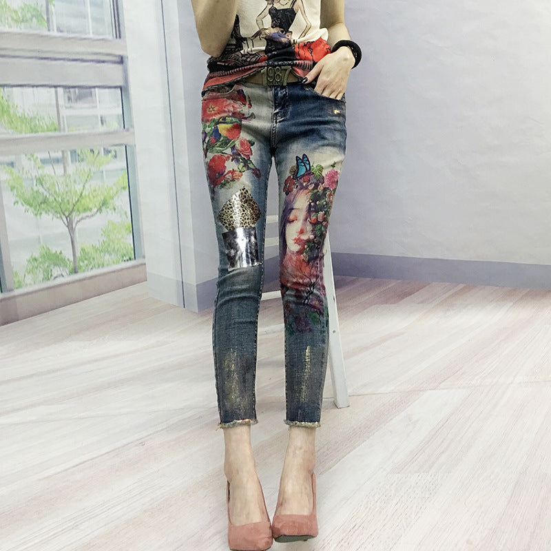 Real Shot European And American Fashion Heavy Industry Printed Elastic Nine-Point Women'S Jeans