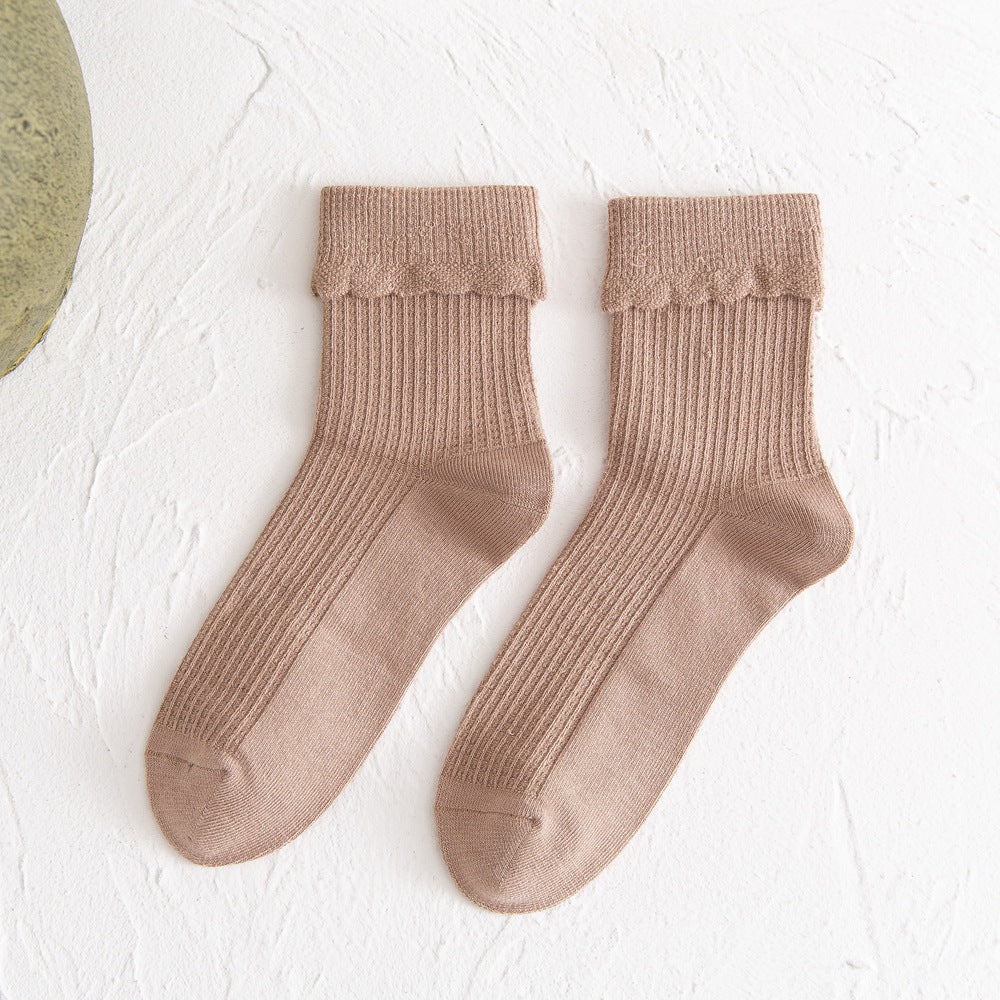 New Socks Women's Mid-Tube Flanging Pile Pile Socks Autumn And Winter Solid Color Bamboo Fiber Women's Socks College Style