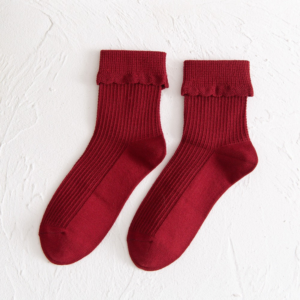 New Socks Women's Mid-Tube Flanging Pile Pile Socks Autumn And Winter Solid Color Bamboo Fiber Women's Socks College Style