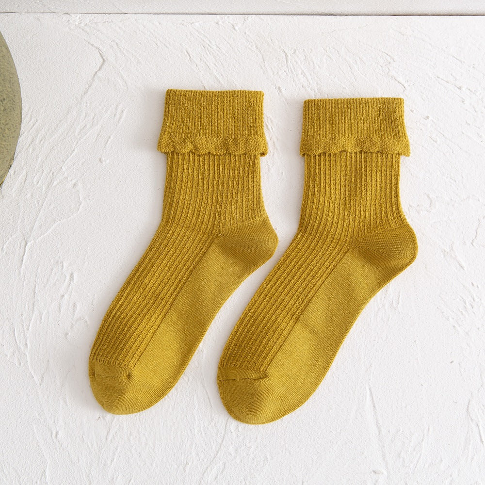 New Socks Women's Mid-Tube Flanging Pile Pile Socks Autumn And Winter Solid Color Bamboo Fiber Women's Socks College Style