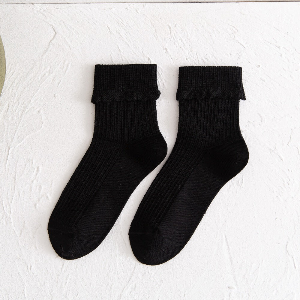 New Socks Women's Mid-Tube Flanging Pile Pile Socks Autumn And Winter Solid Color Bamboo Fiber Women's Socks College Style