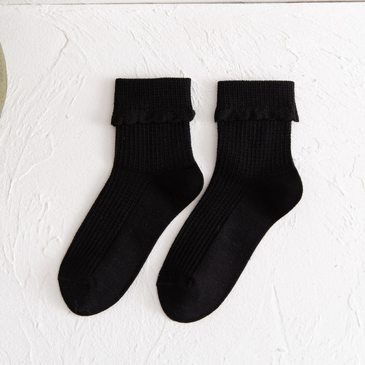 New Socks Women's Mid-Tube Flanging Pile Pile Socks Autumn And Winter Solid Color Bamboo Fiber Women's Socks College Style