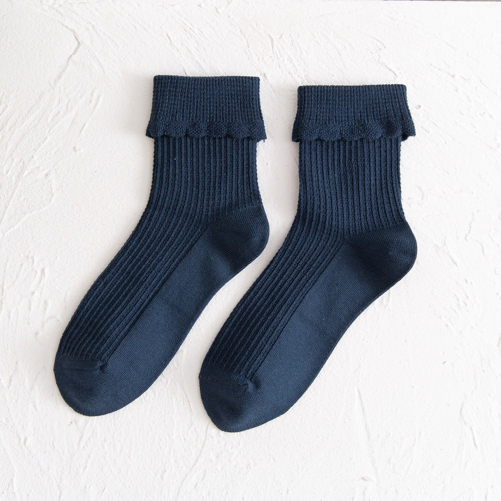 New Socks Women's Mid-Tube Flanging Pile Pile Socks Autumn And Winter Solid Color Bamboo Fiber Women's Socks College Style