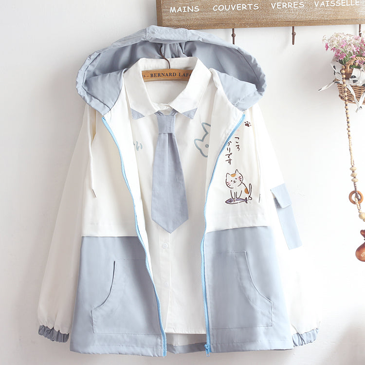 Japanese Small Fresh Color Matching Hooded Cardigan