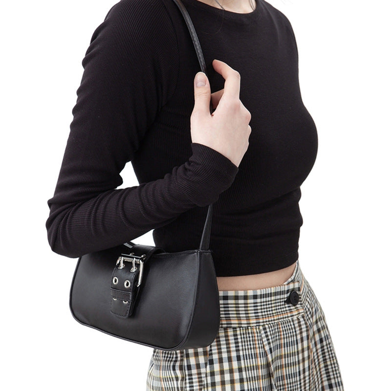 Retro Versatile One shoulder Portable Leather Buckle SmallBlack Bag Underarm Staff